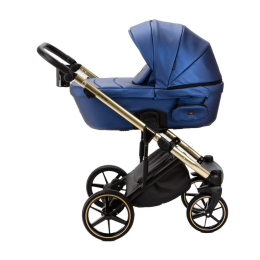 Коляска 3 в 1 Adamex Lumi SE Deluxe L-SM503 синяя перламутровая кожа+золотая рама