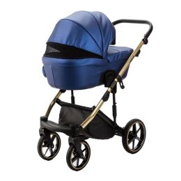 Коляска 3 в 1 Adamex Lumi SE Deluxe L-SM503 синяя перламутровая кожа+золотая рама