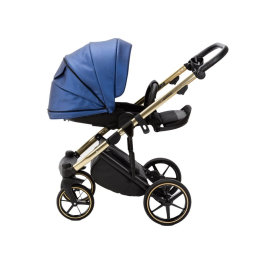 Коляска 3 в 1 Adamex Lumi SE Deluxe L-SM503 синяя перламутровая кожа+золотая рама