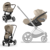 Коляска 3 в 1 Cybex Priam 4 цвет Cozy Beige шасси Chrome с коричневой ручкой + Автокресло Cybex Cloud T Plus цвет Cozy Beige