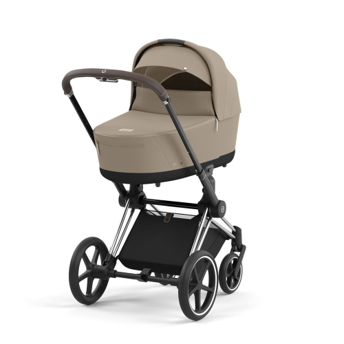 Коляска 3 в 1 Cybex Priam 4 цвет Cozy Beige шасси Chrome с коричневой ручкой + Автокресло Cybex Cloud T Plus цвет Cozy Beige