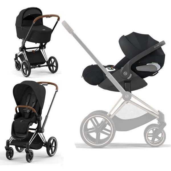 Коляска 3 в 1 Cybex Priam 4 цвет Sepia Black шасси Chrome с коричневой ручкой + Автокресло Cybex Cloud T Plus цвет Sepia Black