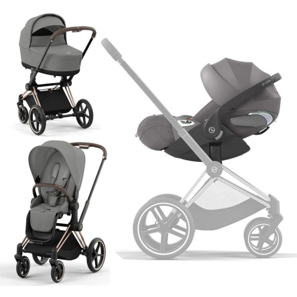 Коляска 3 в 1 Cybex Priam 4 цвет Mirage Grey шасси Rosegold + Автокресло Cybex Cloud T Plus цвет Mirage Grey