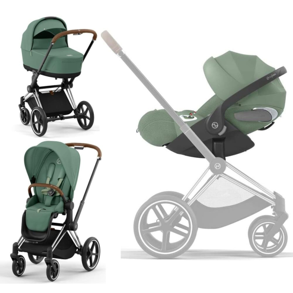 Коляска 3 в 1 Cybex Priam 4 цвет Leaf Green шасси Chrome с коричневыми ручками + Автокресло Cybex Cloud T Plus цвет Leaf Green