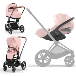 Коляска 3 в 1 Cybex Priam 4 цвет Peach Pink шасси Chrome с коричневой ручкой + Автокресло Cybex Cloud T Plus цвет Peach Pink